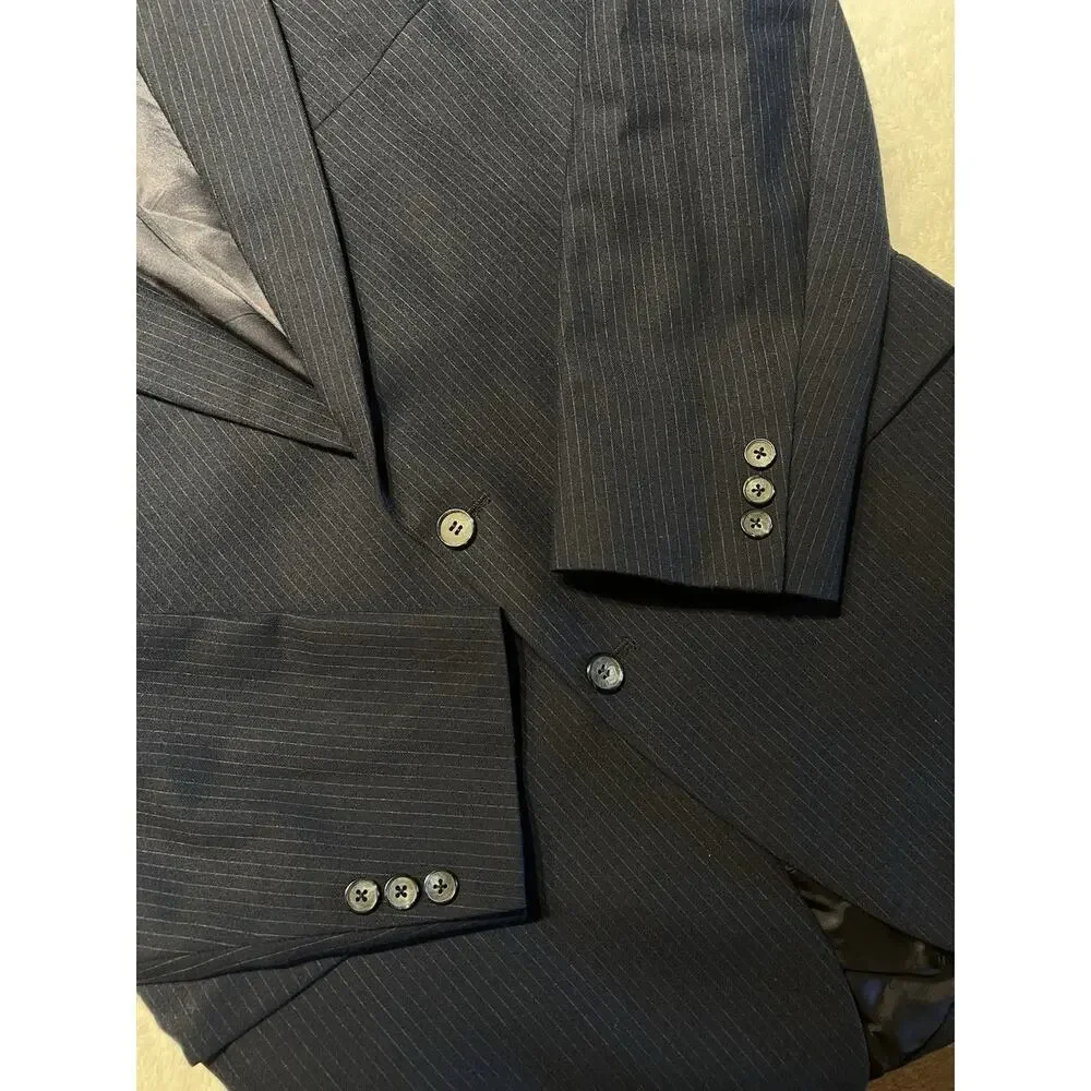 Vtg Yves Saint Laurent France 40L Navy Blue Tonal Stripe Flannel Blazer